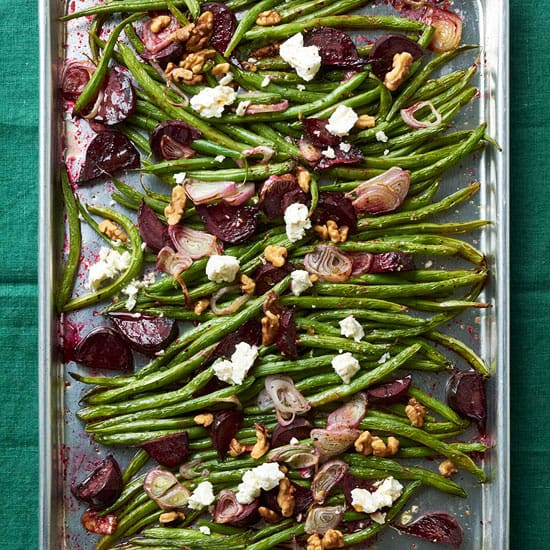 Roasted Green Beans with Beets, Feta and Walnuts