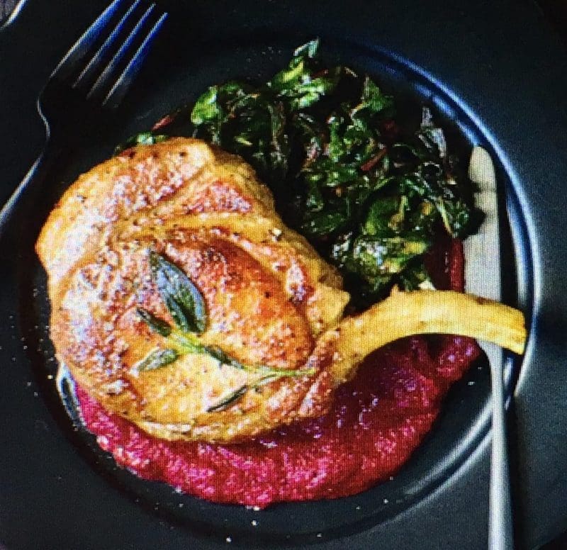 Pork Chops in Sage Butter with Beet Puree and Swiss Chard