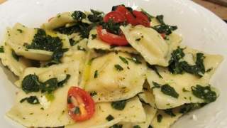 Sauteed Kale and Mushrooms with Ravioli