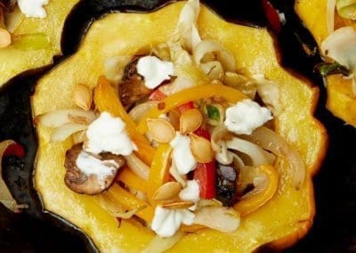 Acorn Squash with Mushrooms, Peppers and Goat Cheese