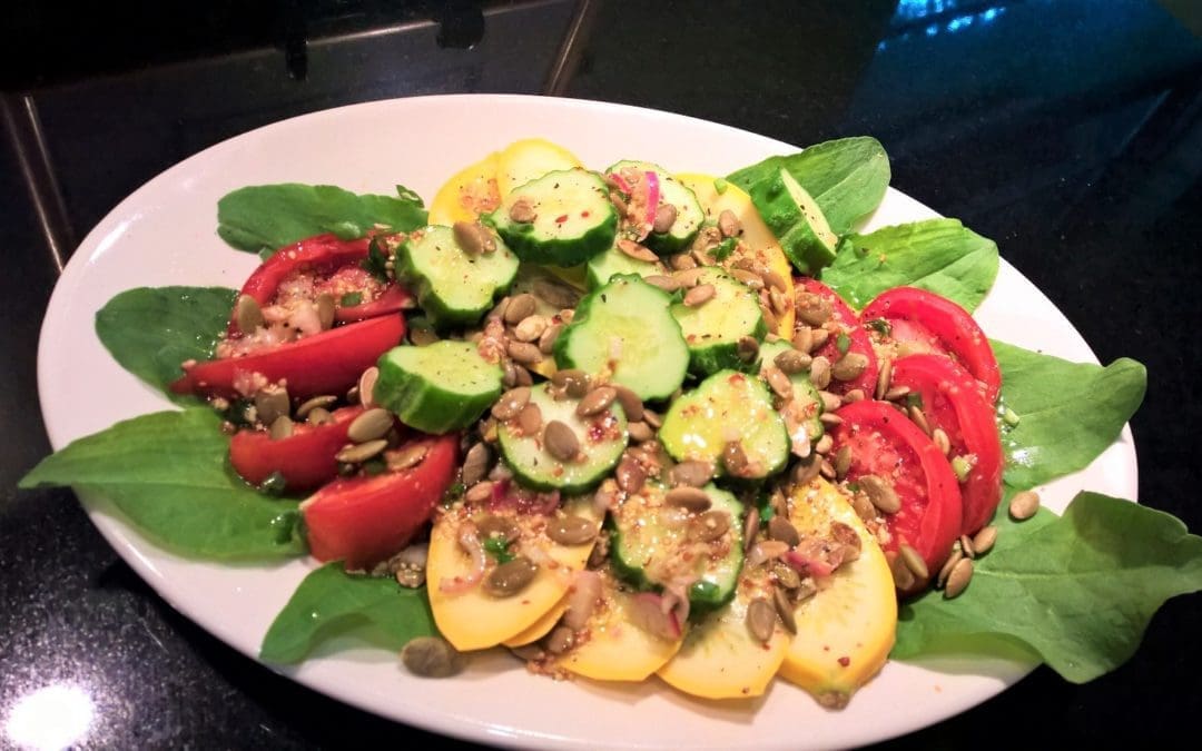 Ripe Tomato, Squash and Cucumber Salad with Roasted Pumpkin Seed Vinaigrette