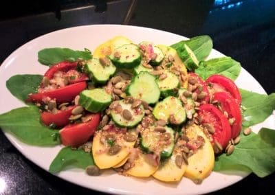 Ripe Tomato, Squash and Cucumber Salad with Roasted Pumpkin Seed Vinaigrette