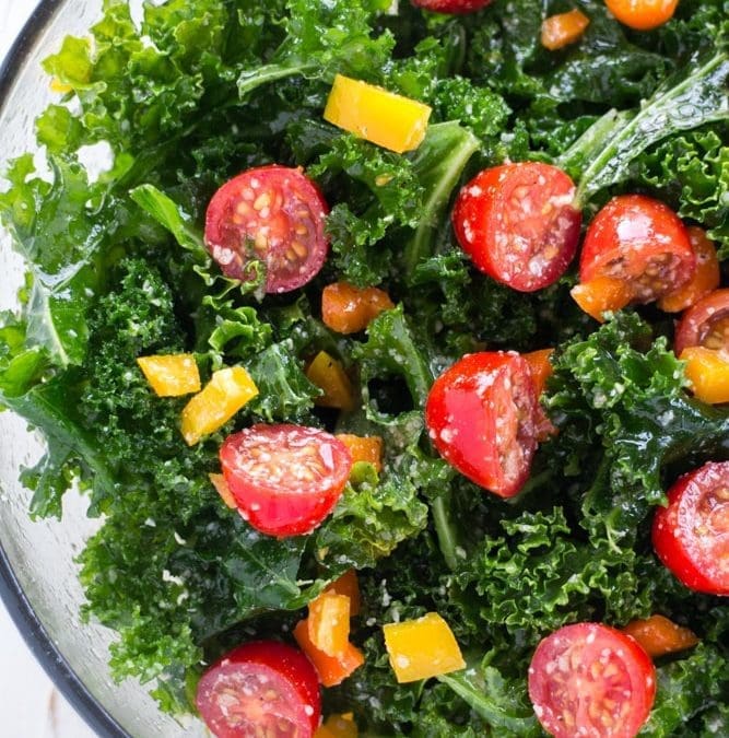 Kale, Cherry Tomato and Bacon Salad with Hot Bacon Dressing