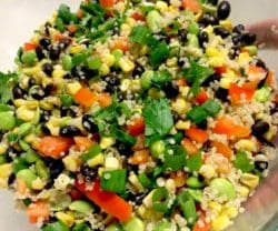 Sweet Corn, Red Pepper, Edamame and Quinoa Salad with Lemon-Dijon Vinaigrette Sweet corn, red bell pepper, edamame and quinoa salad